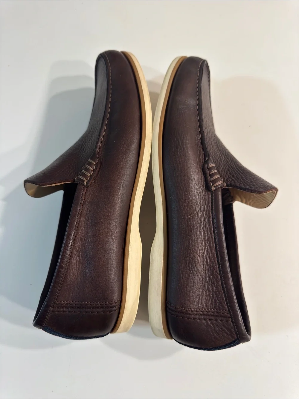 Gucci Mens Brown Pebbled Leather Loafers Web Stripe Heel Driver Shoes Size 10.5